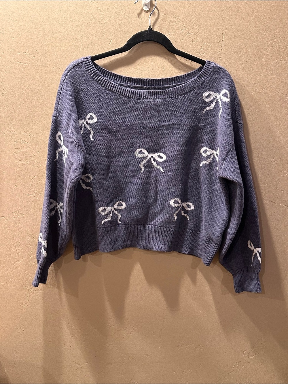 Hollister Bow Print Knit Pullover Sweater Slate Blue White Coquette Size M